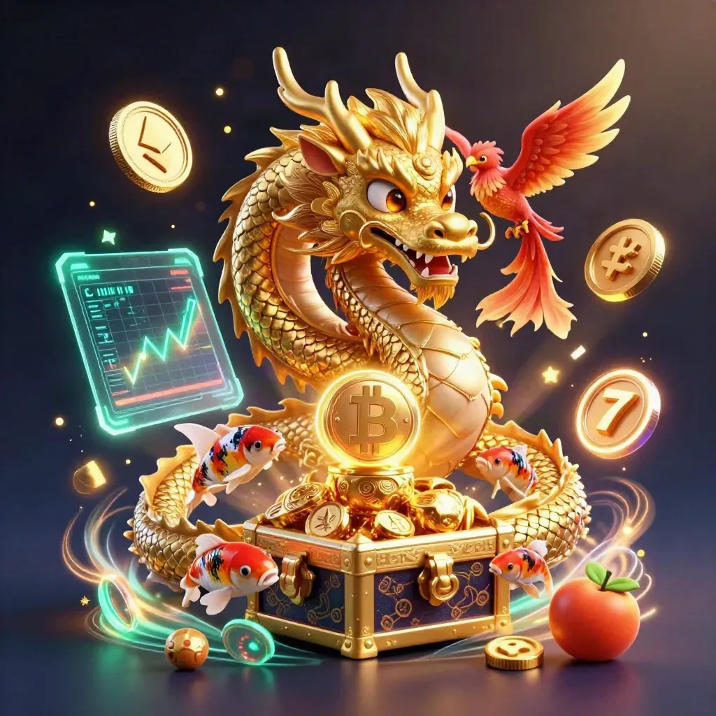 Golden dragon with phoenix and koi amid crypto coins and casino glow.