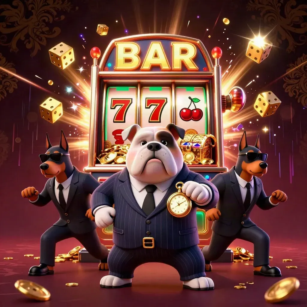 Mafia bulldog and Doberman guards amid exploding slot machine, gold, gems, and casino energy.
