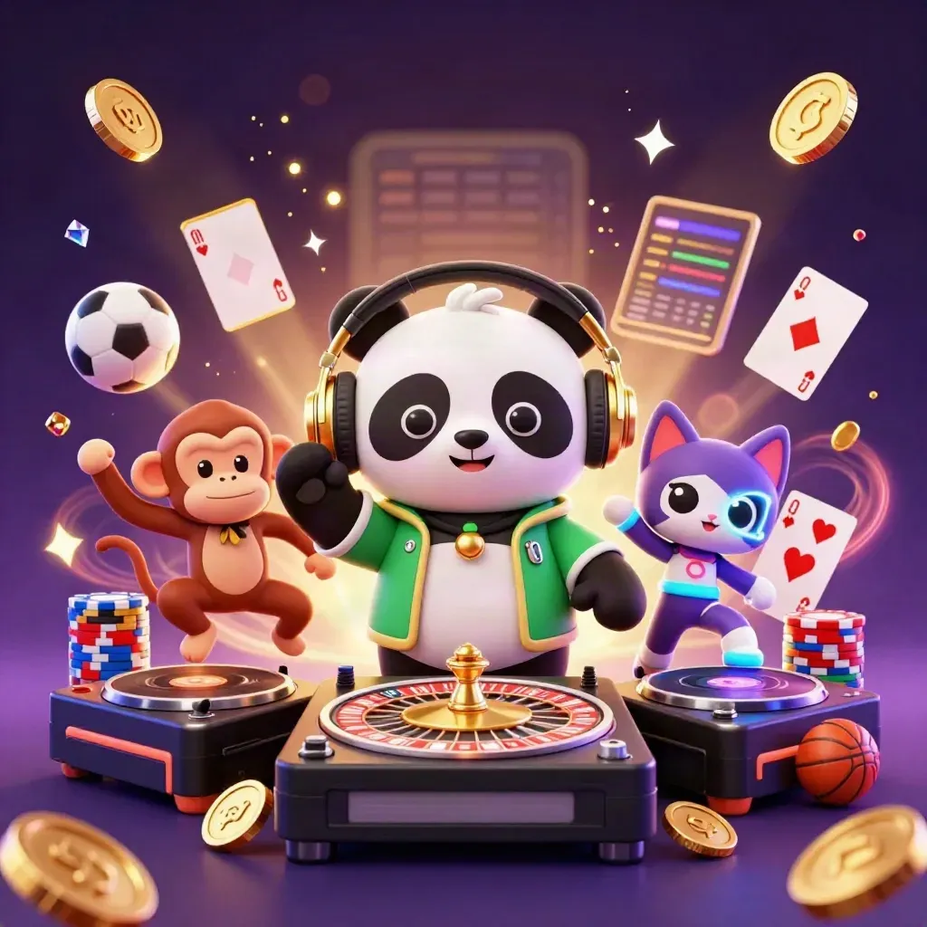 DJ panda, monkey and glow-stick kitten amid coins, roulette, chips and sports props