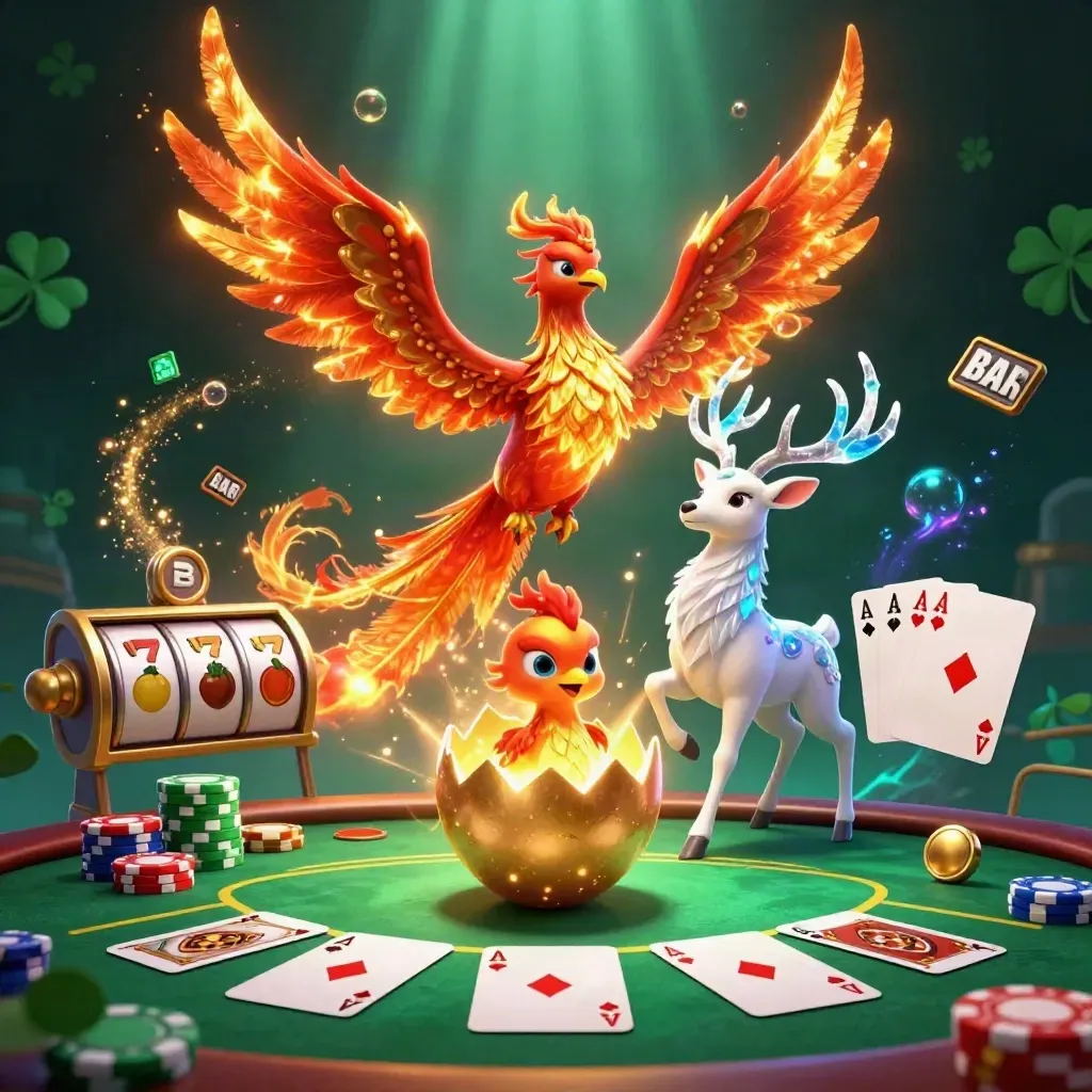 Fire phoenix, baby phoenix, and crystal stag amid poker chips, aces, and neon casino effects.