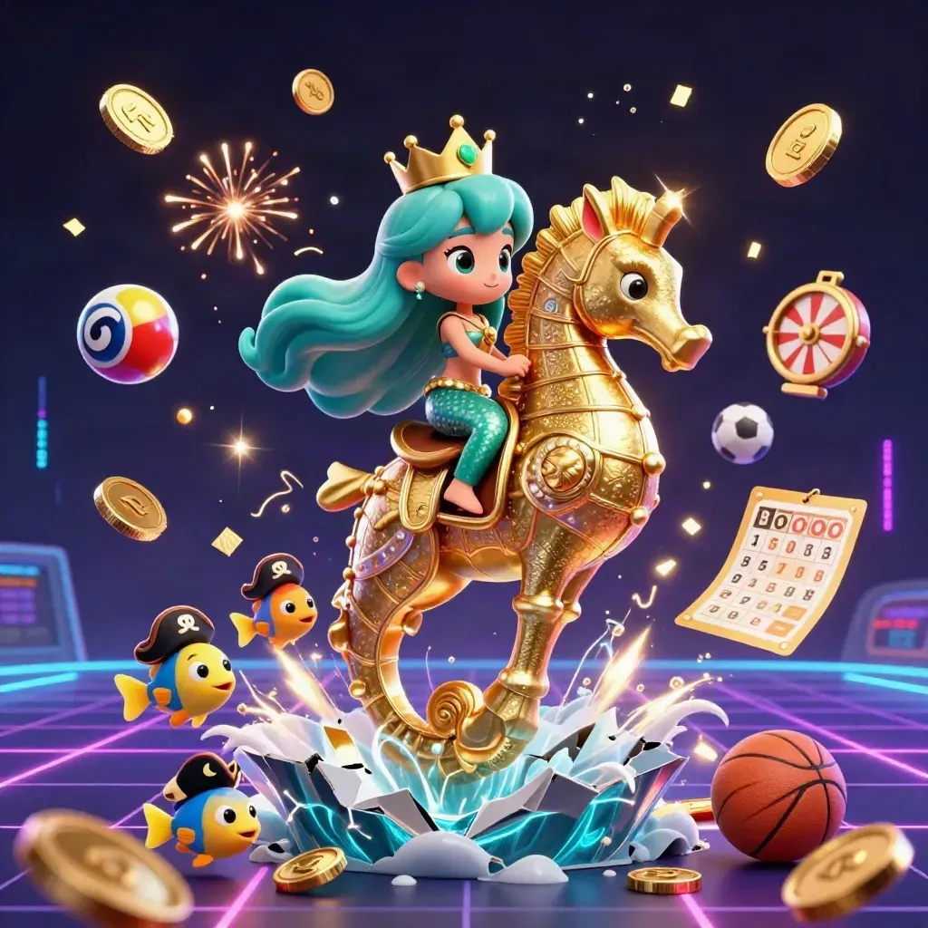 Mermaid princess on golden seahorse amid coins, tickets, prize wheel, and fireworks.