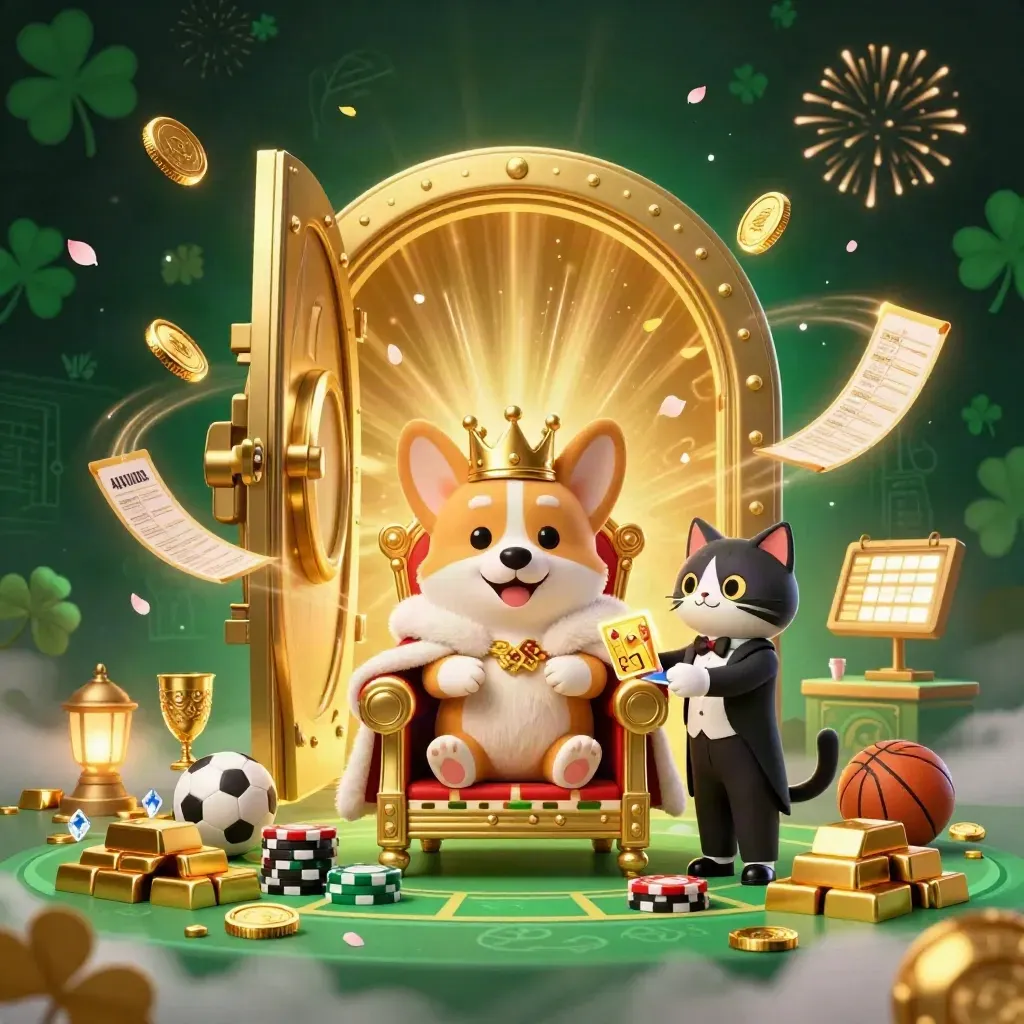 Royal corgi and cat butler amid vault treasure, fireworks, sports props, emerald-gold casino splash