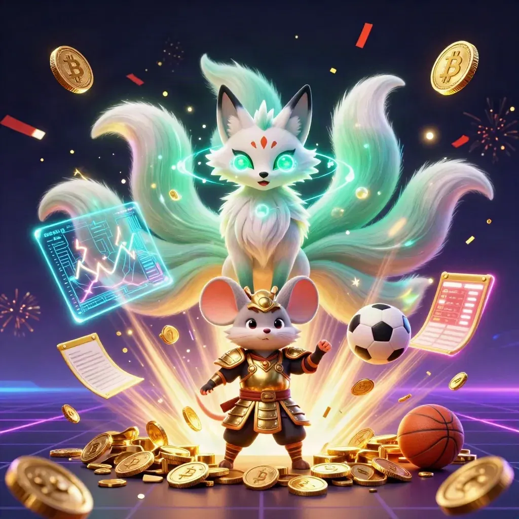 Neon fox spirit and armored mouse amid gold coins, sports balls, and casino sparks.