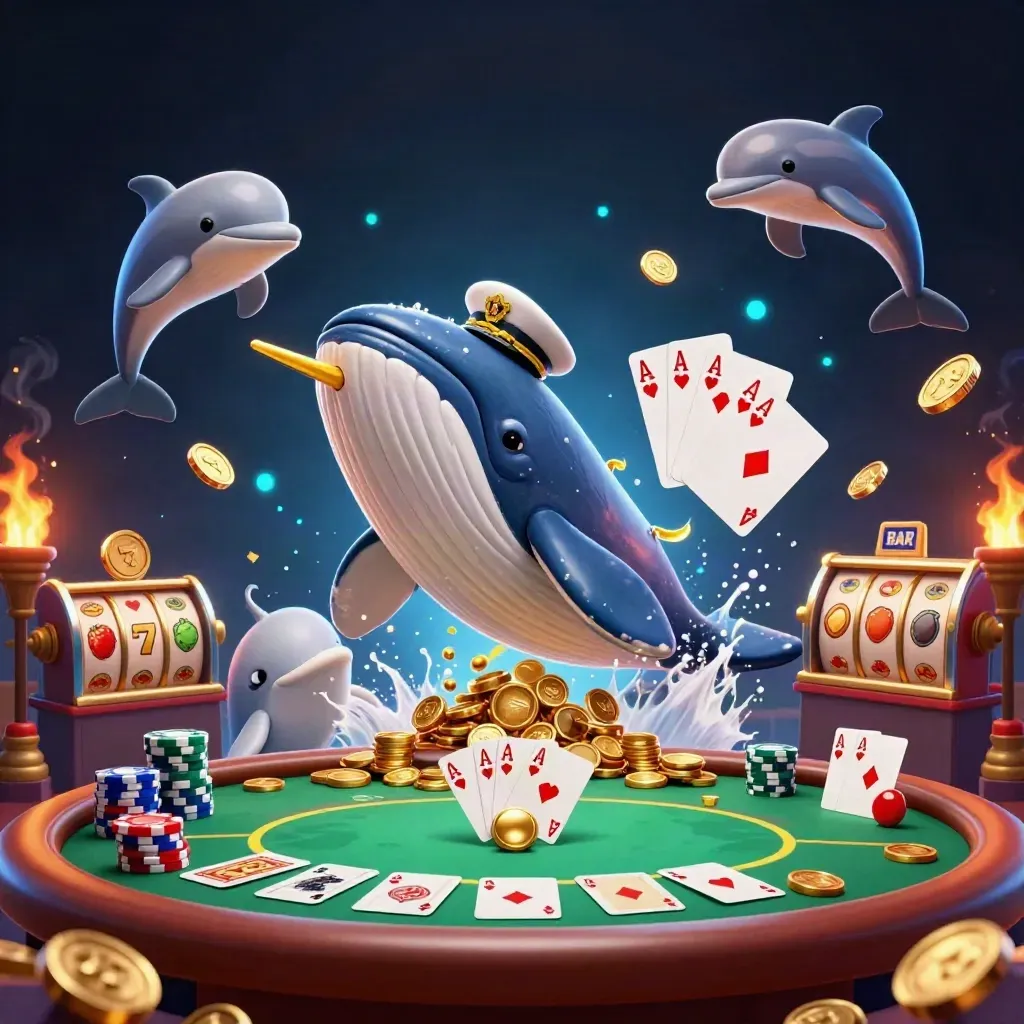 Whale captain, narwhal and dolphins amid coins, chips, cards, and glowing casino effects
