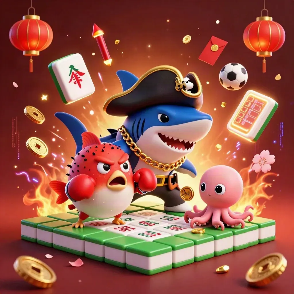 Shark captain, pufferfish boxer, and octopus juggling coins amid casino sports icons.