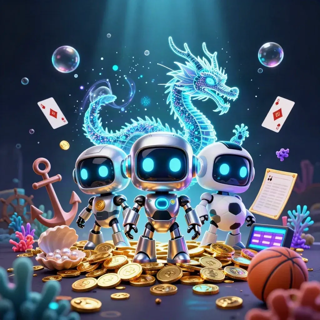 Robot mascot, holographic dragon, and coin drone in glowing underwater casino treasure cove.