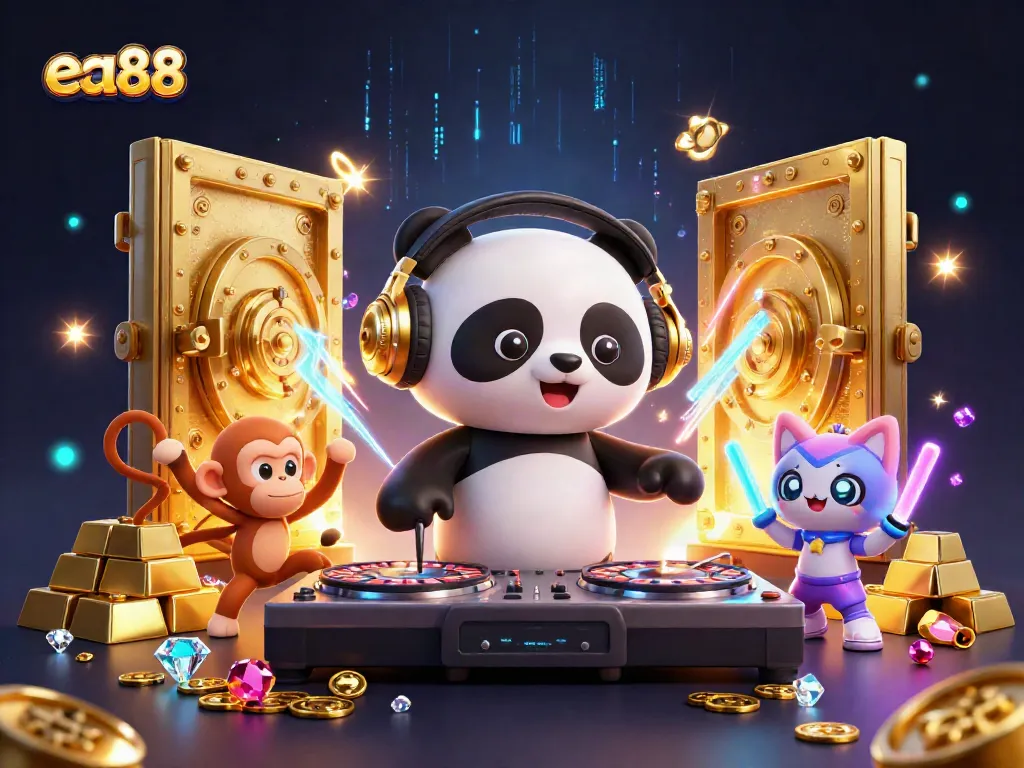 Experience thrilling moments at ea88 with a DJ panda, dancing monkey, and festive kitten surrounded by riches.
