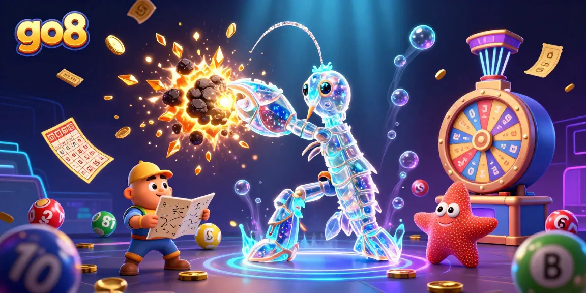 go8 showcases a captivating scene of a galactic samurai shrimp battling asteroids, filled with vibrant lottery elements for thrilling gameplay