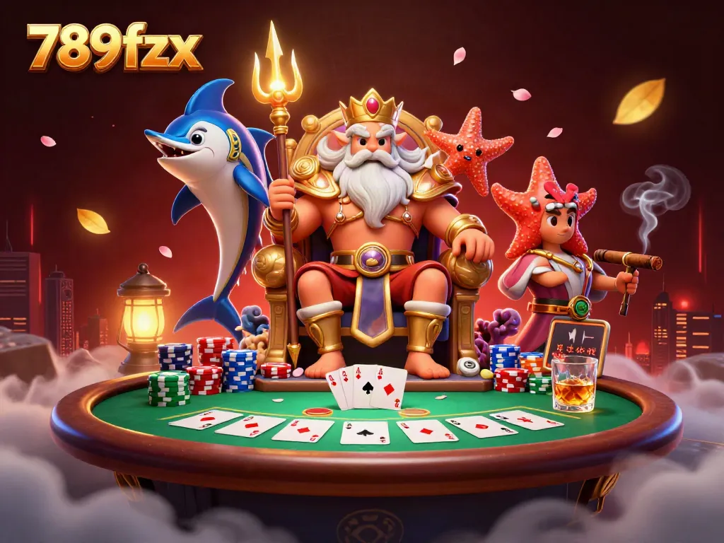 Engage in thrilling poker action with 789fzx featuring Neptune, a samurai, and a starfish amidst colorful chips and cards.