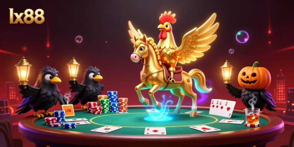 Experience the thrill of poker with lx88 as a golden rooster rides through a vibrant casino scene.