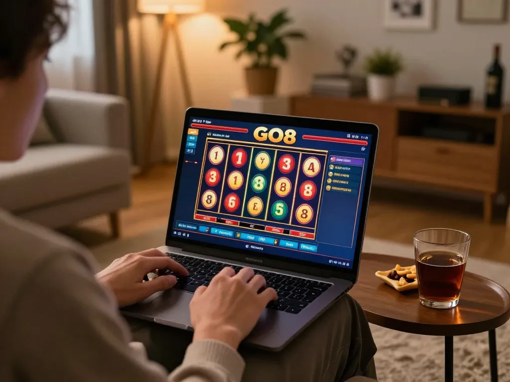 Player engaging with GO8 online slots interface in a cozy home setting with vibrant colors and inviting atmosphere