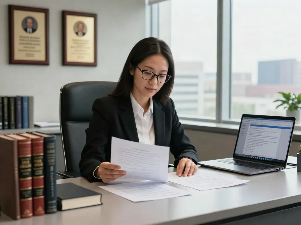 DUI attorneys Cherokee County working in a modern law office, reviewing legal documents with city views.