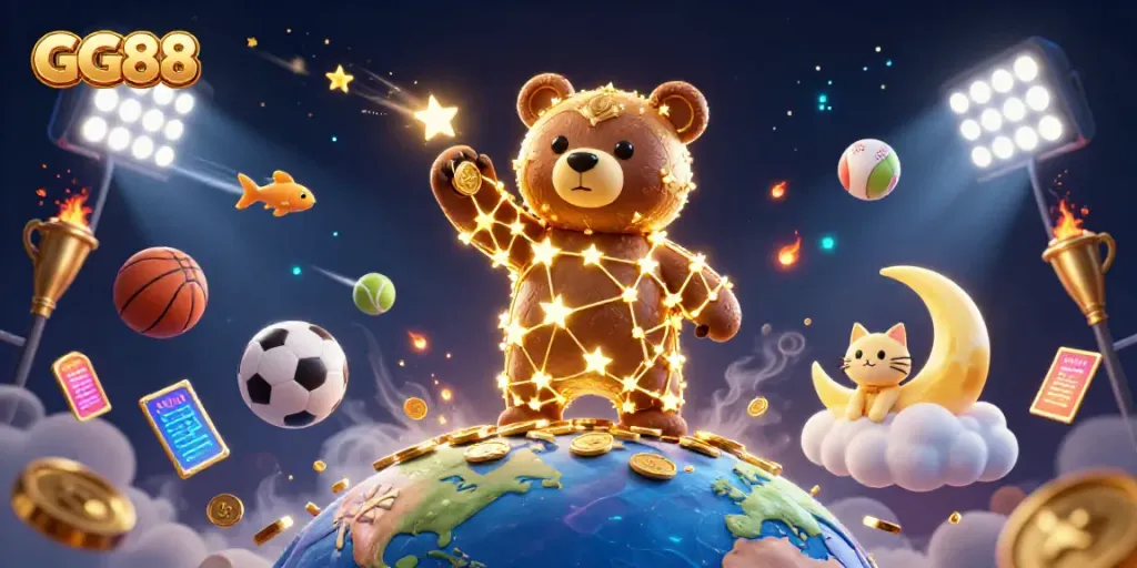 Experience GG88's exciting world with a golden constellation bear and sports elements in a magical night.