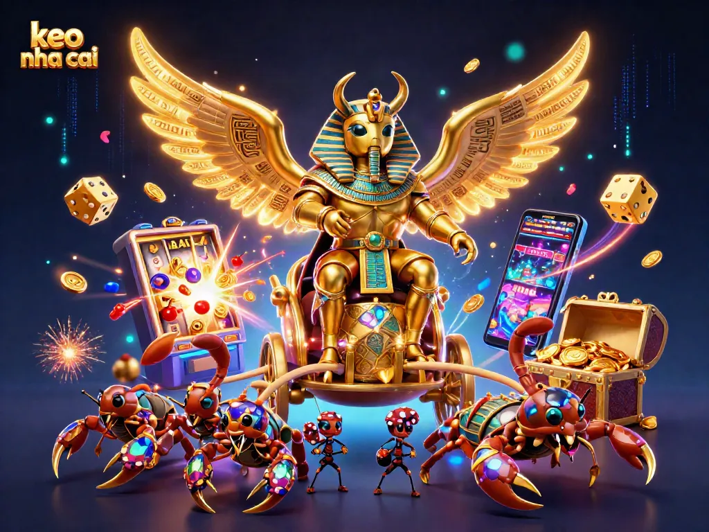 Engage with keo nha cai gaming experience, depicted by a dynamic golden scarab beetle, slot machine, and casino elements.
