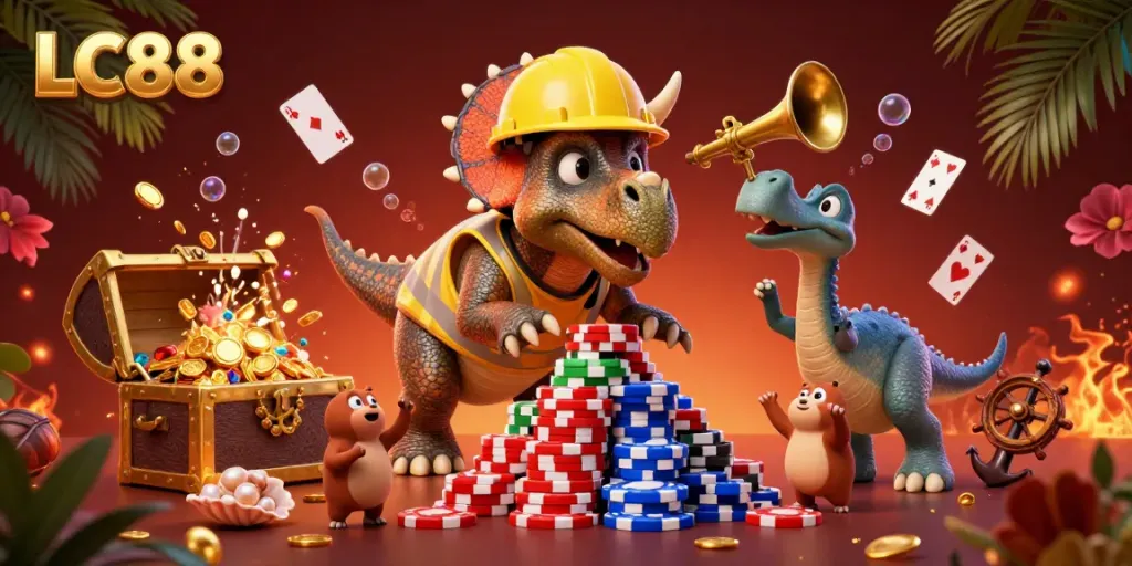 Experience the excitement of LC88 with a triceratops stacking poker chips in this vibrant casino illustration.