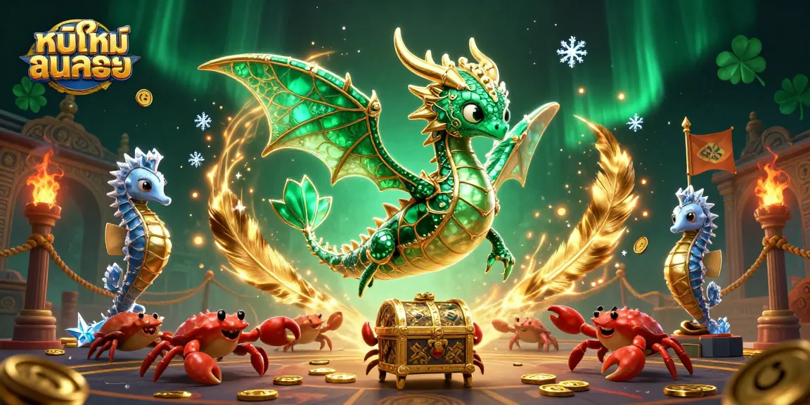Engage with หนังใหม่ชนโรง in this vibrant casino-themed 3D scene, highlighting a majestic sea dragon.