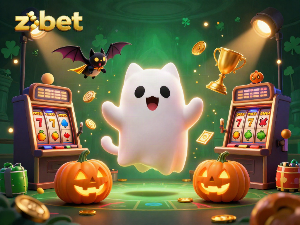 Join the fun at zbet with dynamic characters in a casino setting featuring ghosts and jackpots.