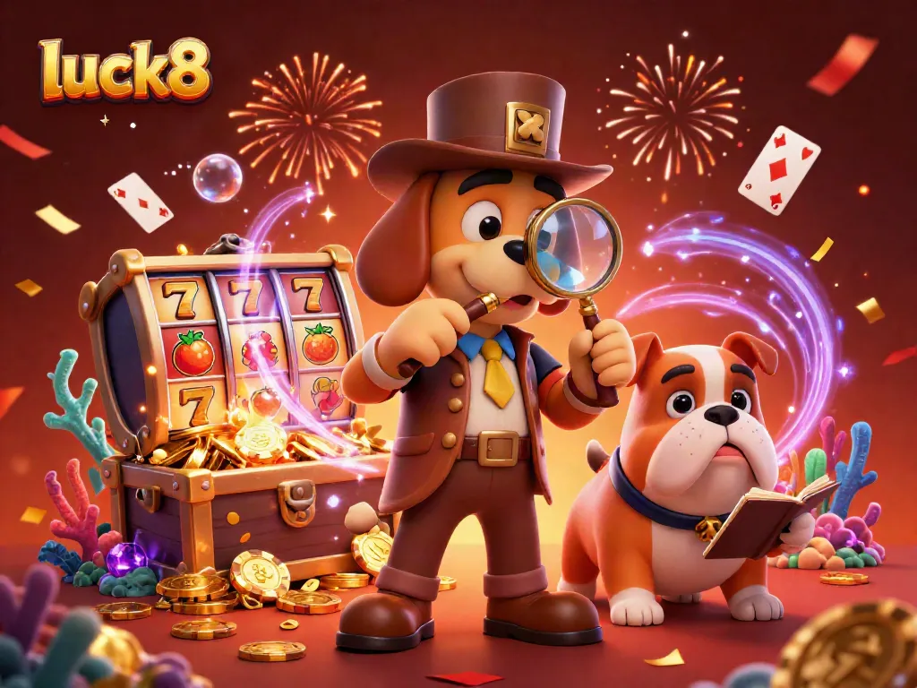 Detective bloodhound examining a poker chip while surrounded by slot elements, capturing the luck8 gaming spirit.