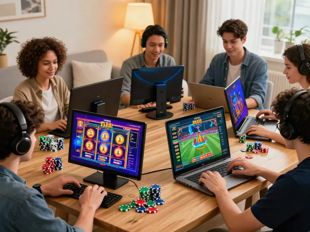 Engaged players at DA88 enjoying online sports betting and casino games in a cozy home setting.