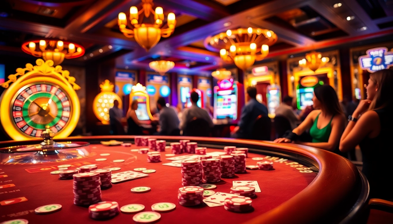 The online gambling experience at https://789p.directory/ with vibrant poker game and roulette wheel, capturing luxury and excitement.