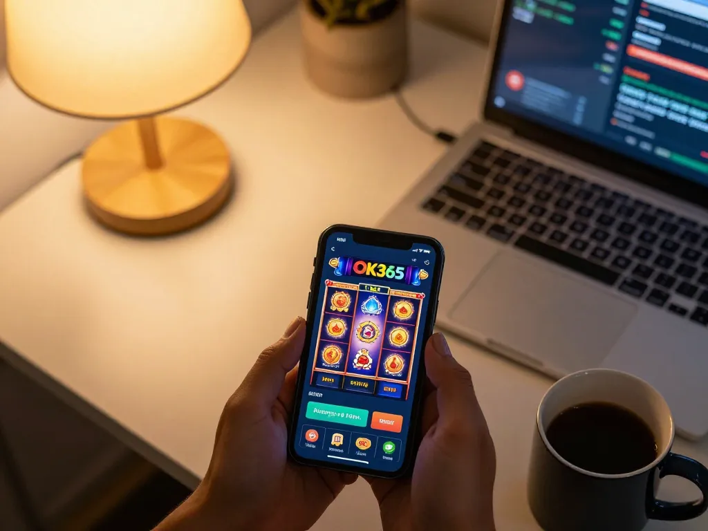 Engaged user enjoying a gaming session on the OK365 app, showcasing dynamic slot graphics and strategic elements.