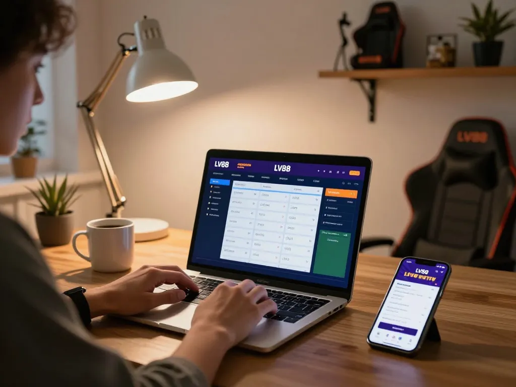 Person engaging with LV88 online sports betting on a laptop in a cozy home office.