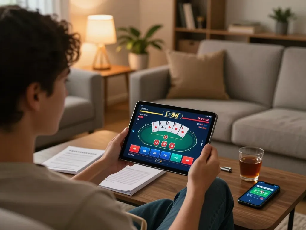 Player accessing the LV88 online casino from home, enjoying a poker game on a tablet with strategy notes.