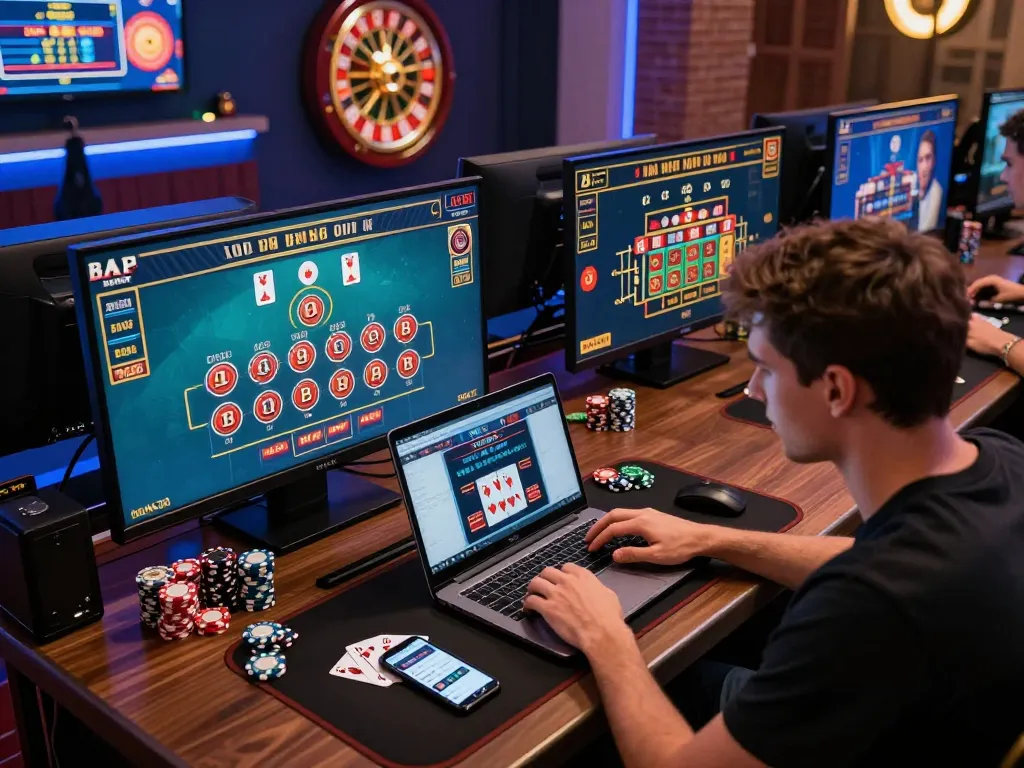 Engaged player strategizing their next move in a dynamic online casino session at 23winn, showcasing various games and modern setup.