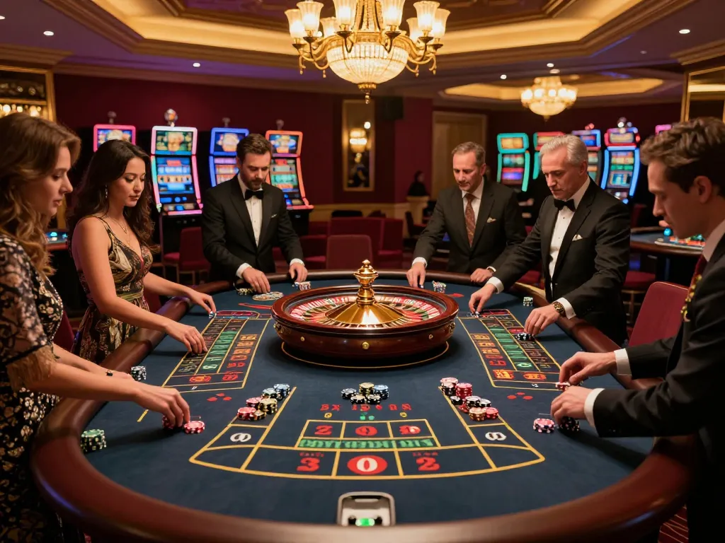 Players engaging at an F168 roulette table surrounded by vibrant chips and lights.