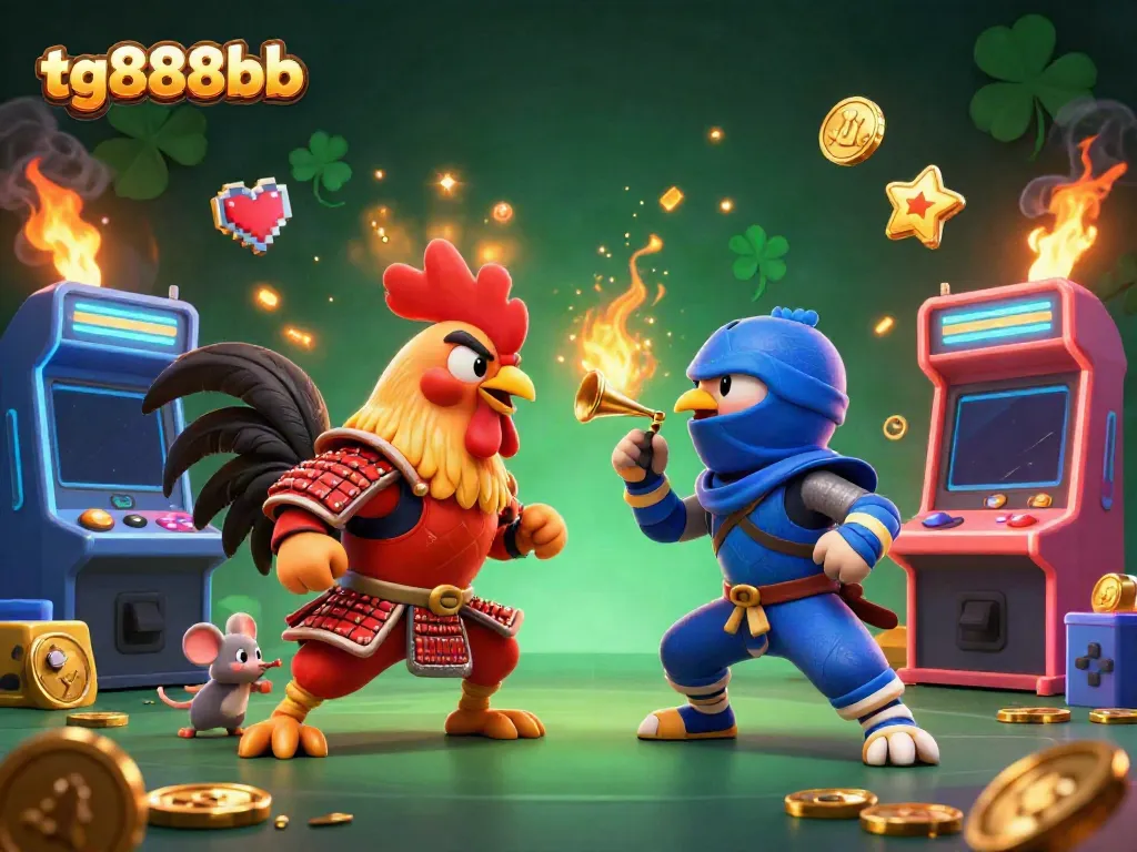 Experience the thrilling standoff of twin fighting roosters in tg888bb's vibrant casino world.