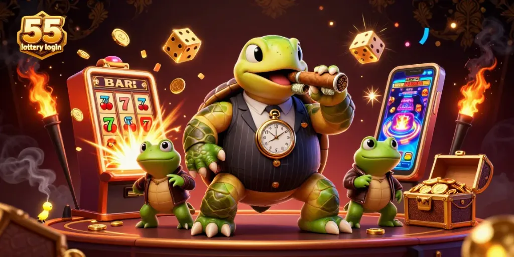 Experience the thrill of the 55 lottery login with colorful characters and vibrant casino elements.