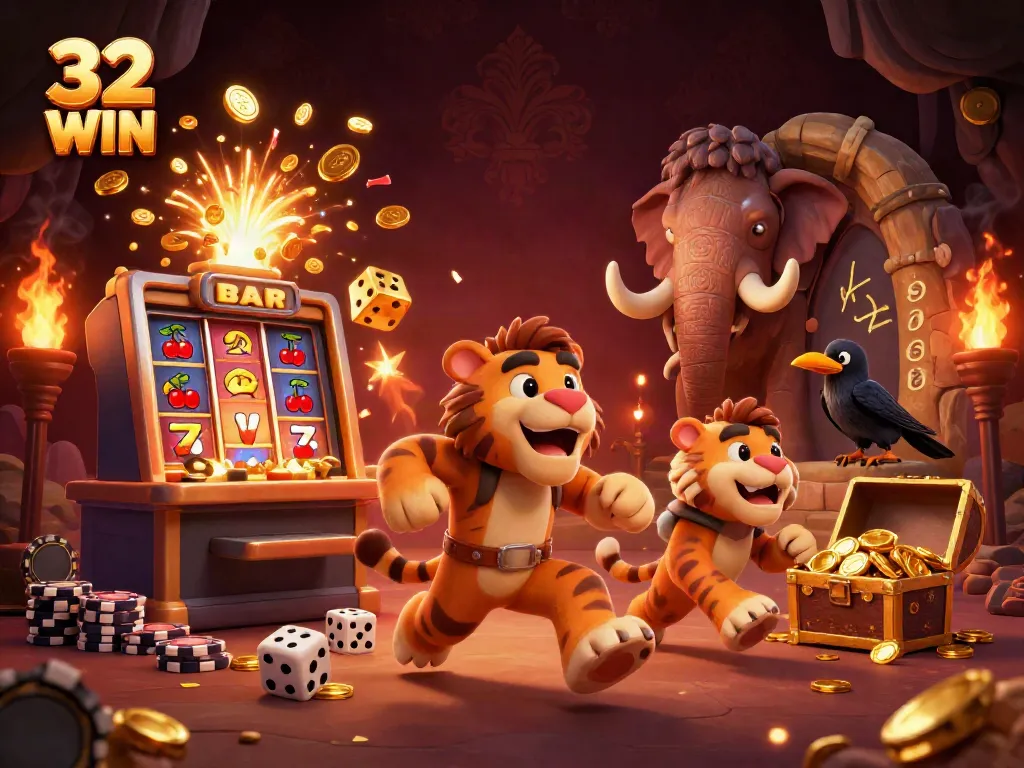 Experience the excitement of 32 WIN with a dynamic, colorful 3D casino scene highlighting vibrant games.