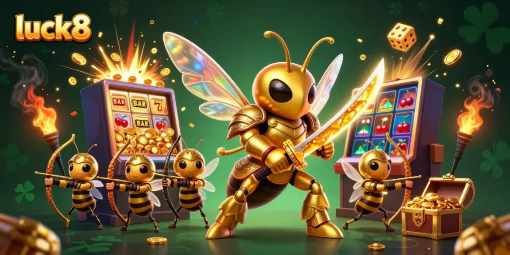 Spin to win with luck8 at this vibrant casino-themed illustration featuring golden hornet warriors.