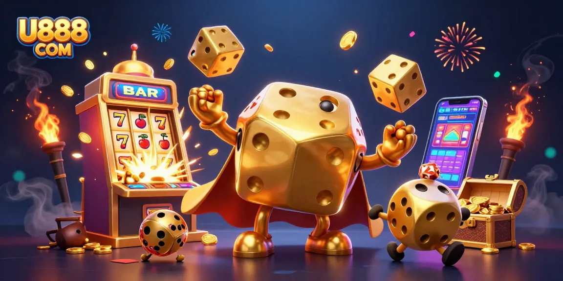 Spin the reels with U888 COM in this vibrant casino illustration featuring golden dice and jackpot excitement.