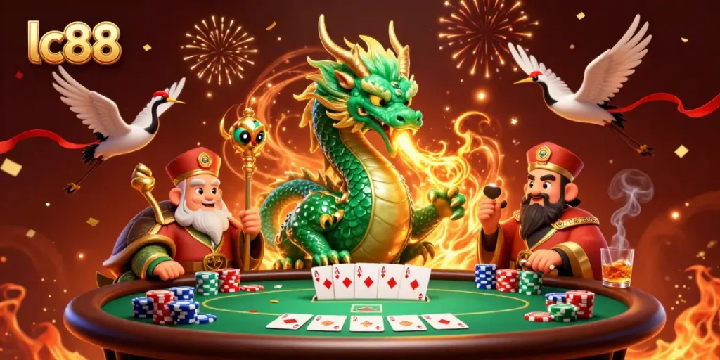 Engage in thrilling casino action with lc88's dynamic gaming scene featuring dragon and sage characters.
