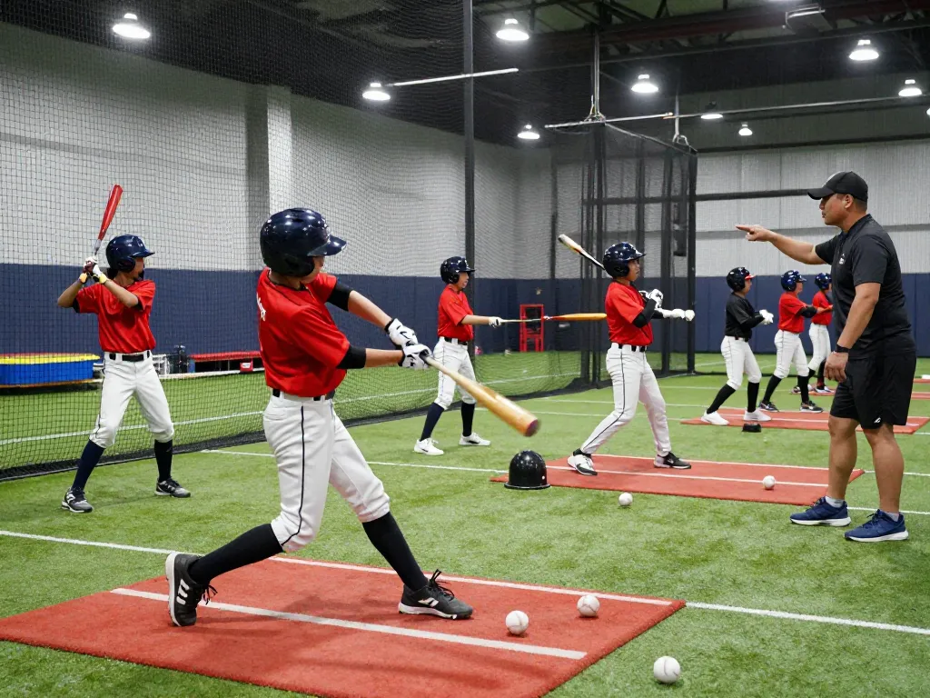Young athletes training at a hitclub batting cage, showcasing focused hitting techniques and teamwork.