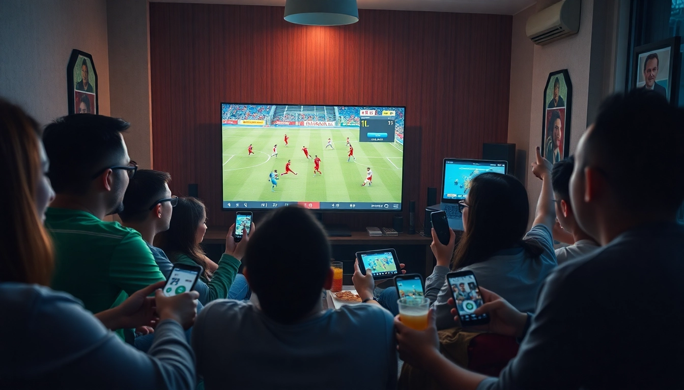 Cakhia TV live streaming football experience with enthusiastic fans gathered around devices.