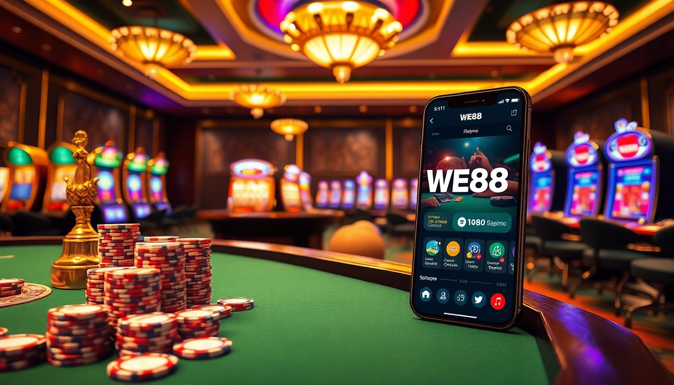 Players engaging in online casino games with WE88 interface showcasing vibrant slot machines and roulette.
