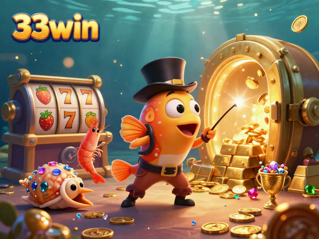 Engage with 33win's thrilling casino adventure featuring deep-sea characters and golden treasures.