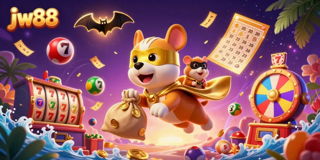 Engage in thrilling gameplay at jw88 with a vibrant scene of a superhero dog and hamster amidst dynamic casino elements.