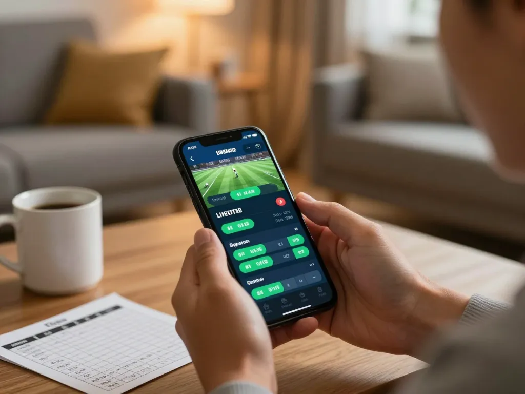 Player using 789betgo app for sports betting, showcasing live odds in a cozy setting.