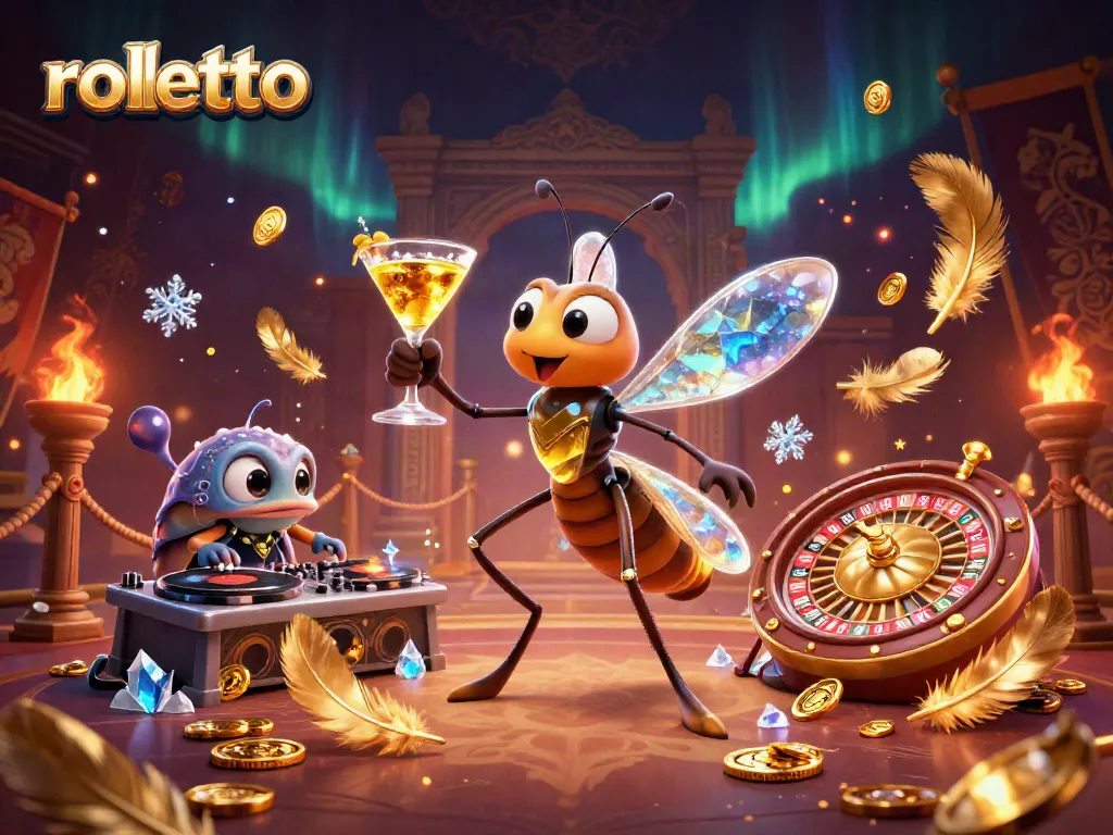 Join the excitement at Rolletto Casino with a vibrant scene of gaming, featuring a unique frozen-in-amber mascot.