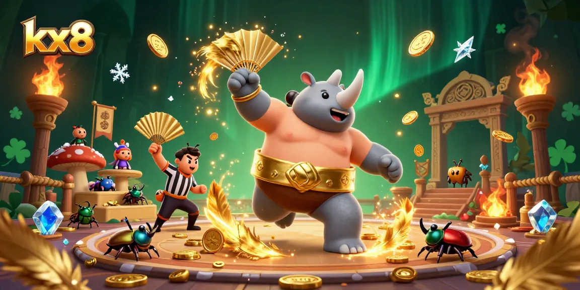 Kx8 platform scene showcasing a rhinoceros beetle champion gaming with golden coins and vibrant atmosphere.