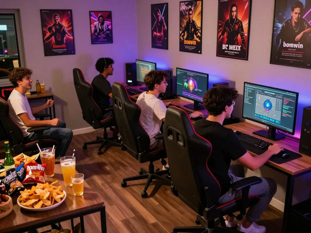 Engaged gamers enjoying bomwin gaming platform in a vibrant lounge setting.