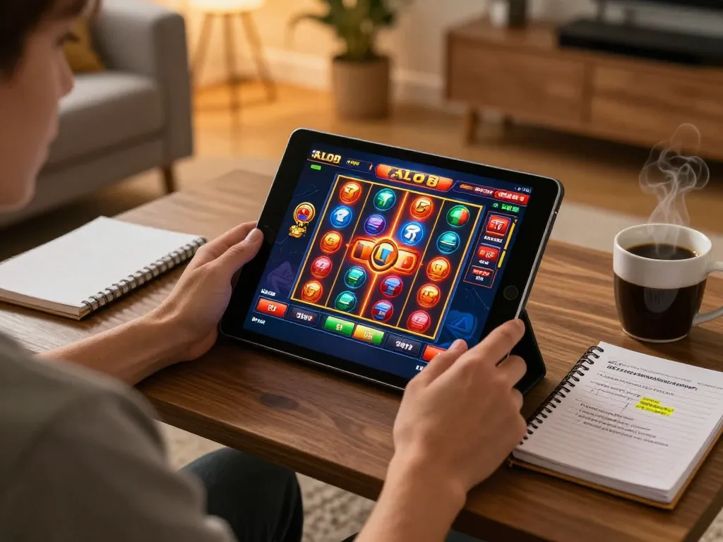 Player engaging in ALO8 online casino gaming on a tablet while practicing strategic bankroll management.
