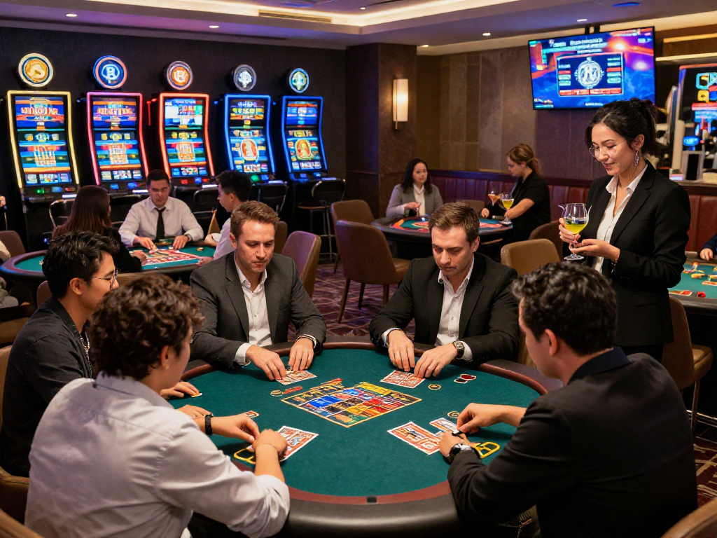 Crypto casino with diverse players enjoying vibrant gaming tables and high-tech slot machines in a modern setting.