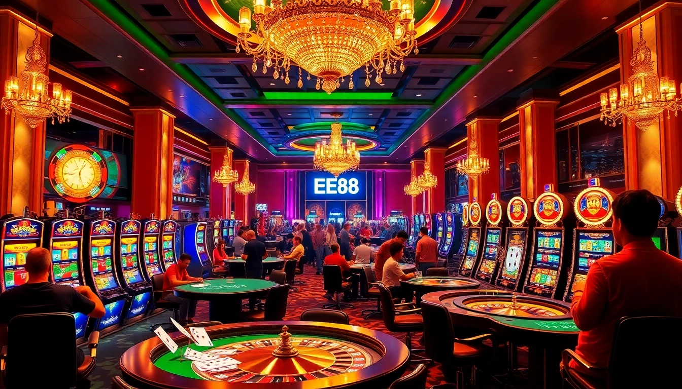 A lively casino scene at EE 88 showcasing thrilled gamblers at poker tables and slot machines.