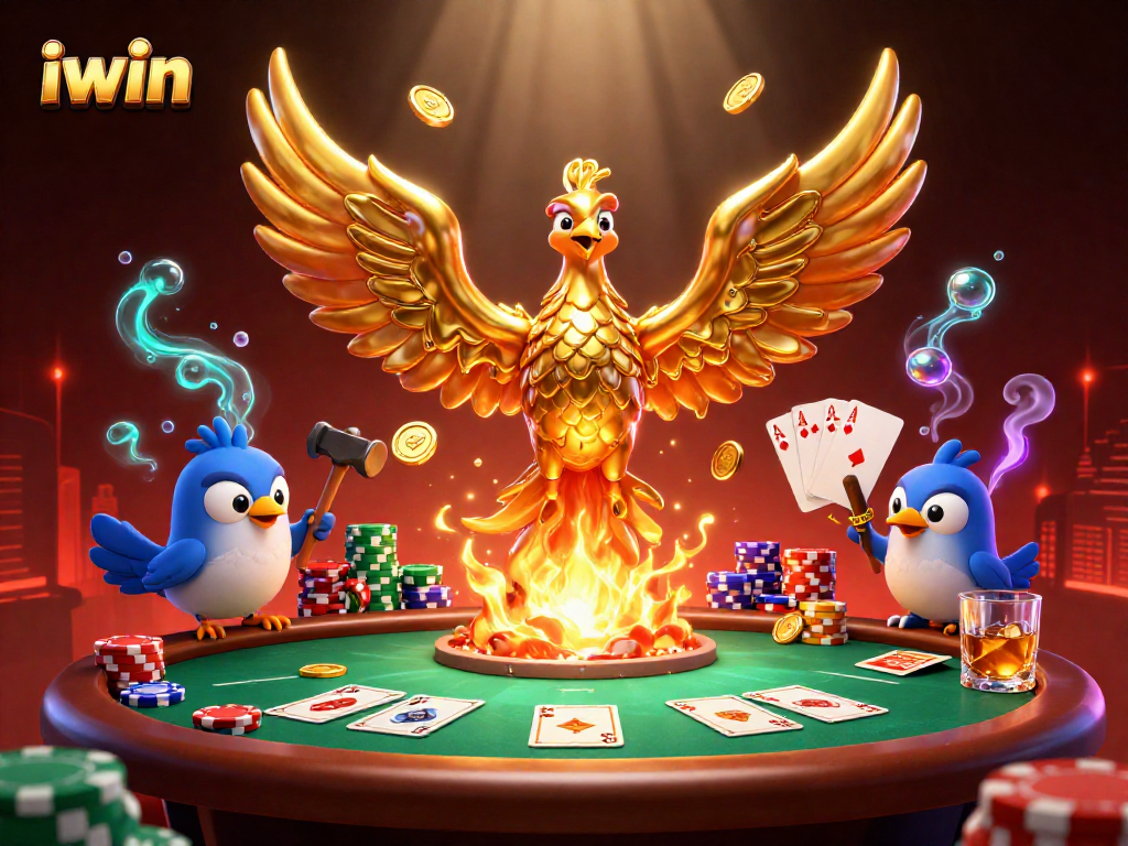 Experience exciting poker action with iwin as a molten phoenix emerges, showcasing dynamic gaming elements.