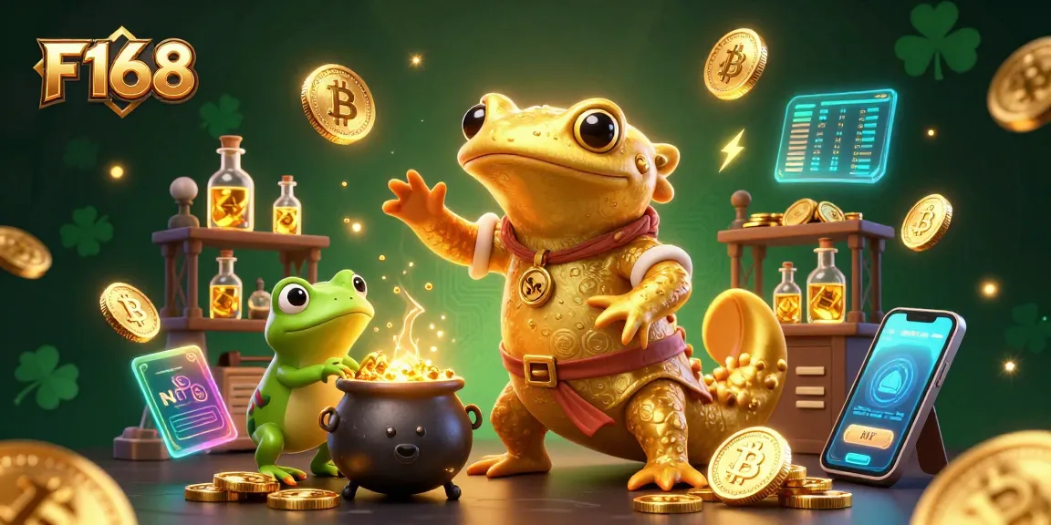 F168 offers immersive gaming experiences with a golden salamander, gold coins, and crypto elements.