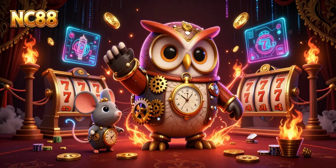 Engage in thrilling slots at NC88 with a vibrant 3D scene featuring steampunk elements and golden coins.